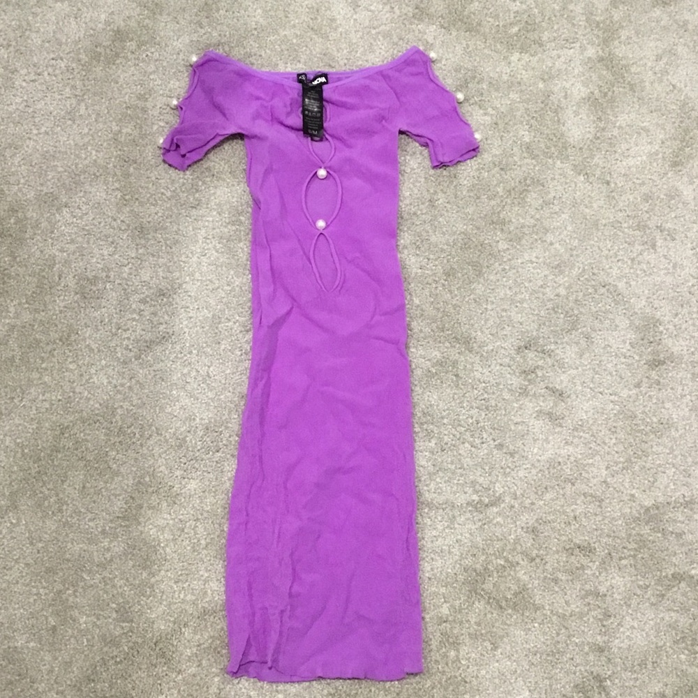 Fashion Nova Purple Off-Shoulder Mini Dress with Pearl Keyhole Accents